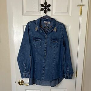 Emma G Embroidered Denim Button-Up Shirt with Skirttail Back Hemline Size Lg